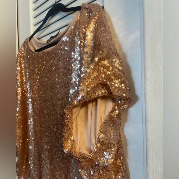 New York & Company Rose Gold Sequined Short Sleeve Balloon Hem Blouse XXL - Picture 5 of 7